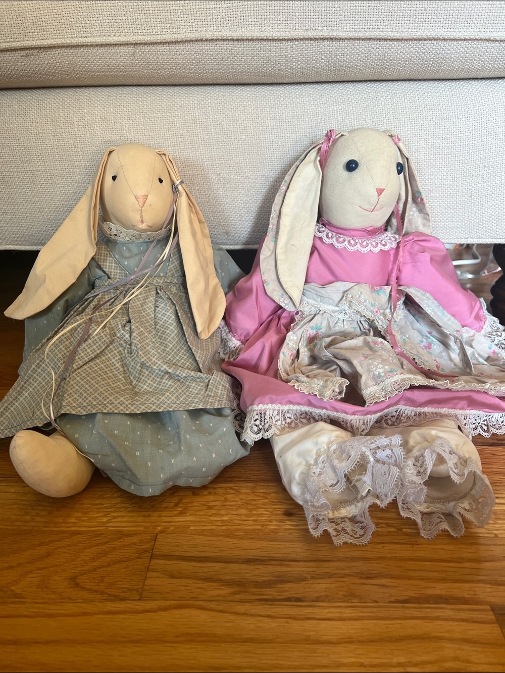 Antique Pink and Cream Fabric Bunny Dolls